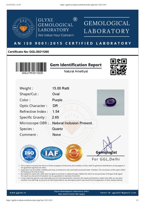 15 Ratti Amethyst Stone (Kataila/Jamunia Stone) Certified Natural Gemstone AAA Quality - Image 5